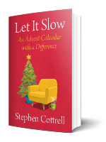 Red cover with a picture of a Christmas Tree and an empty yellow armchair beside it