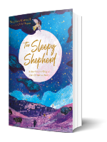 Illustration on book cover of a starry night with big sky and purple coloured hills