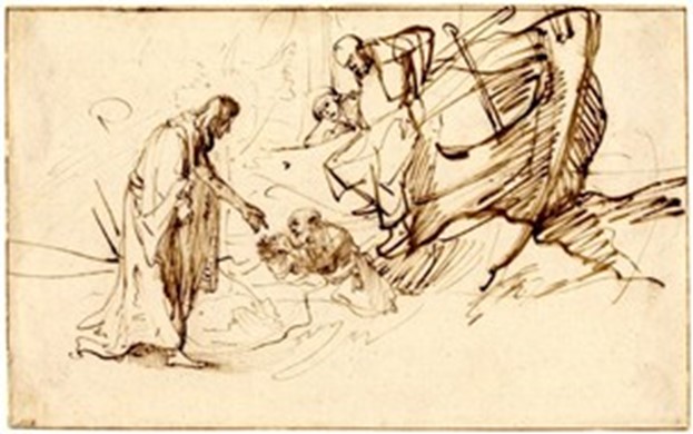 Pencil sketch showing a boat on stormy waters with Jesus walking on the water and reaching down to person in difficulty