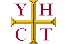 Gold square cross with red letters YHCT in each quarter