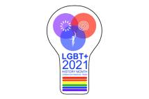 A lightbulb outline containing 3 coloured overlapping circles of blue, purple and red with the words LGBT+ 2021 history month below