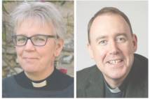 Head shots of a lady and a man in clerical collar and black clothing