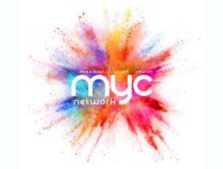 An explosion of powdered paint colours with myc network written in white over it