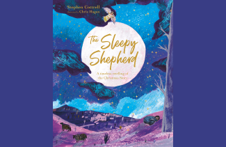 Front cover of a book - deep blue skies and purple hills with title, The Sleepy Shepherd