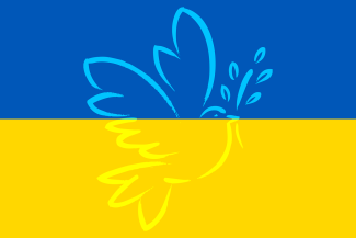 Blue and yellow flag with line image of a dove 