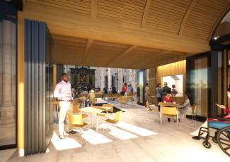 Artists impression of entrance area to church showing cafe tables and chairs