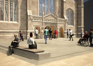 Artist's impression of outside a church with open area with people sitting and wlaking in it