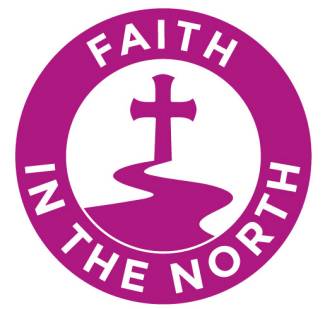 Purple ring with Faith in the North written around the edge and a cross and path inside the circle