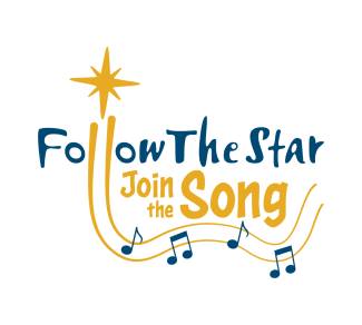 Logo of a gold star with blue writing Follow the Star: Join the song with musical notes around it