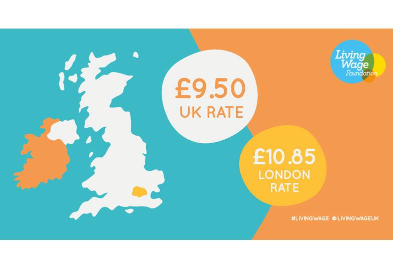 Graphic for new Living Wage amounts of £9.50 and £10 85 