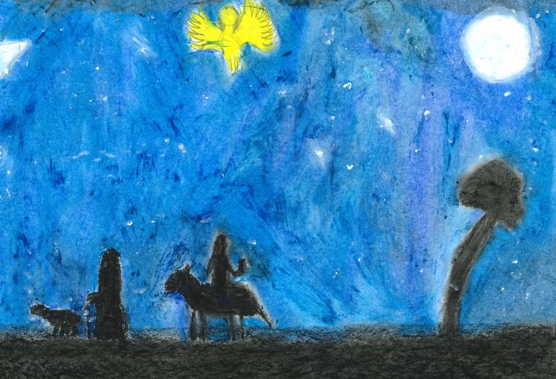 Drawn picture of Mary on donkey walking with Joseph at night time with deep blue sky and yellow angel figure in the sky