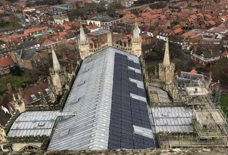 View from the air of large roof of a cathedral