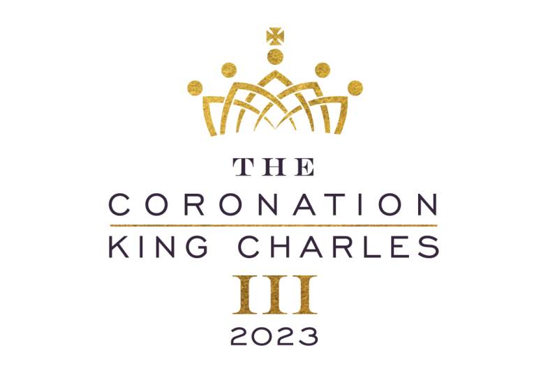 Gold crown above writing saying the Coronation of King Charles III