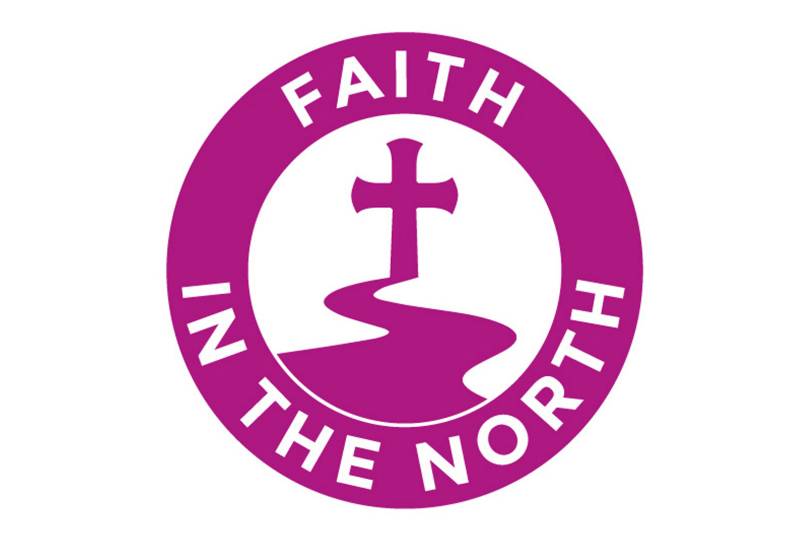 Purple circle with words Faith in the north within it, with path and cross inside the circle