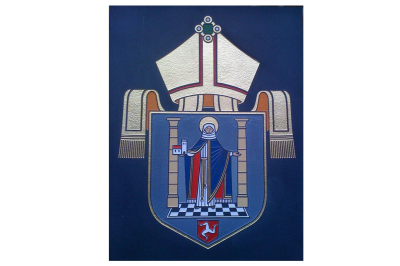 Blue shield with bishop's mitre and stole above it