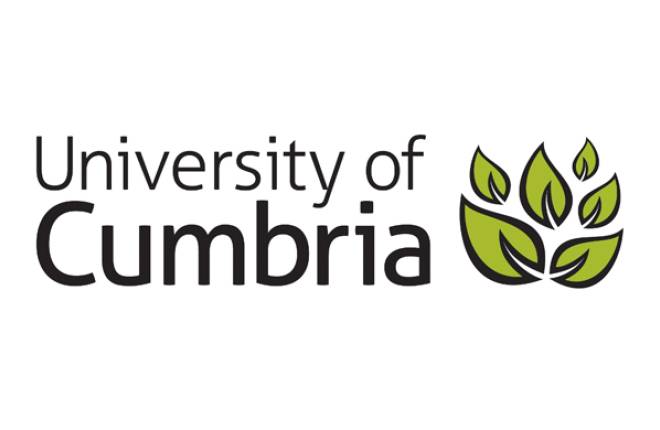 Words of University of Cumbria in black alongside 6 green leaves in varying sizes