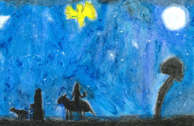 Drawn picture of Mary on donkey walking with Joseph at night time with deep blue sky and yellow angel figure in the sky