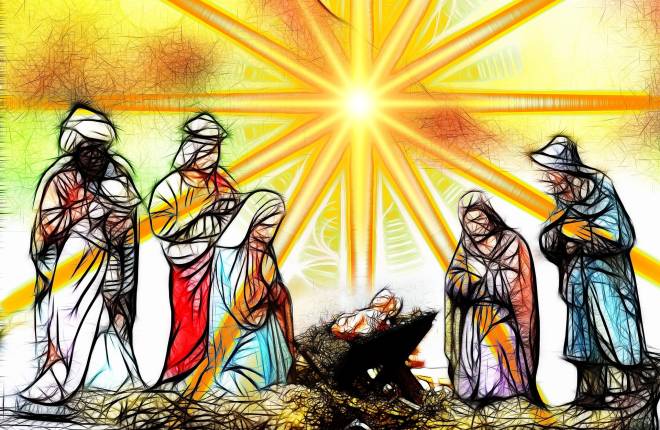 Drawing of the nativity Scene with bright rays of light shining behind the figures