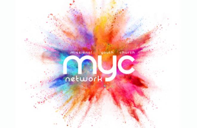 Splash of different coloured paints with MYC network written over in white