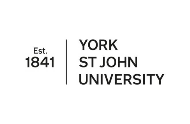 Black writing on white background York St  John University and Est 1841