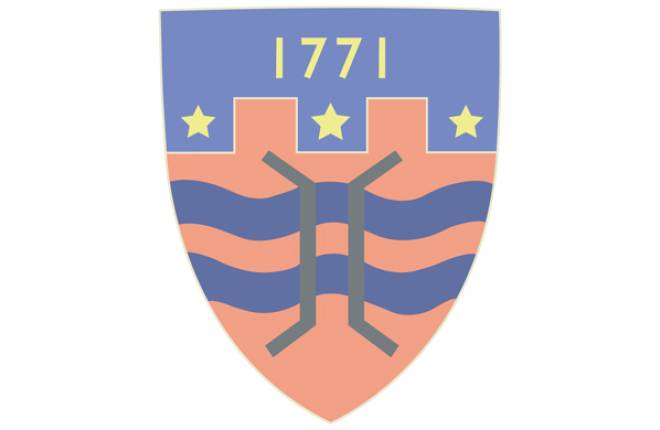 Shield with purple and orange colours and 1771 on the top half