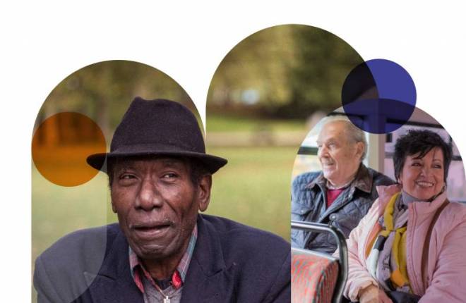 Collage of an elderly man wearing a black trilby and 2 women sitting together on a bus