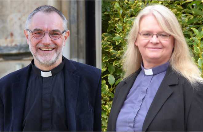 Head and shoulders of 2 members of clergy - a man and a woman