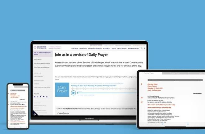 Laptop, tablet and phone with Daily Prayer app visible