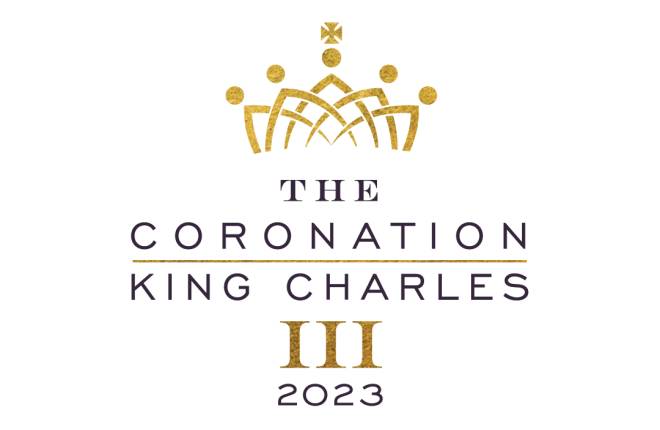 Gold crown above writing saying the Coronation of King Charles III