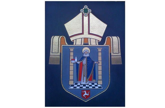 Blue shield with bishop's mitre and stole above it