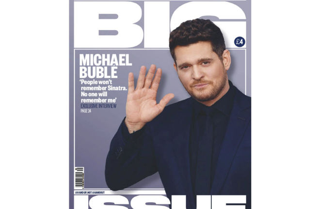 Front cover of Big Issue magazine with man waving 