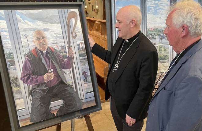 Archbishop Stephen pictured with artist John Wonnacott CBE as his portrait is presented at Chelmsford Cathedral