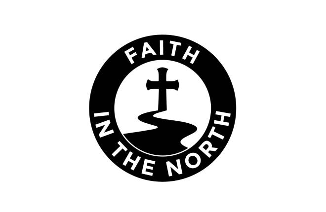 Black circle with words Faith in the north within it, with path and cross inside the circle